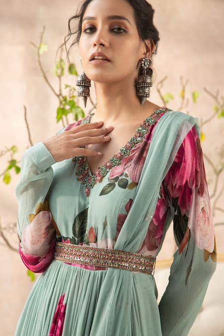 Shop_Kalista_Blue Georgette V Neck Printed Anarkali With Dupatta _Online_at_Aza_Fashions