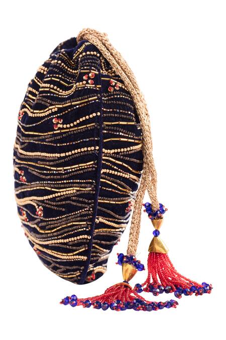 The Garnish Company Blue Embroidered Velvet Potli Bag Online at Aza Fashions The Garnish Company_Blue Embroidered Velvet Potli Bag _Online_at_Aza_Fashions