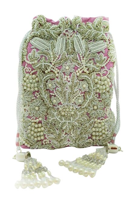 The Garnish Company_Pink Embroidery, Pearls Latonya Potli Bag _Online_at_Aza_Fashions