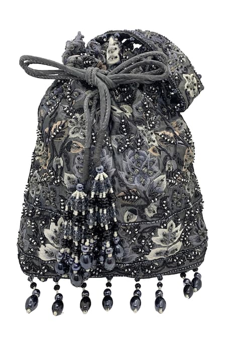 Shop The Garnish Company Black Embroidered Florica Bead Tassel Polti Bag at Aza Fashions Shop_The Garnish Company_Black Embroidered Florica Bead Tassel Polti Bag _at_Aza_Fashions