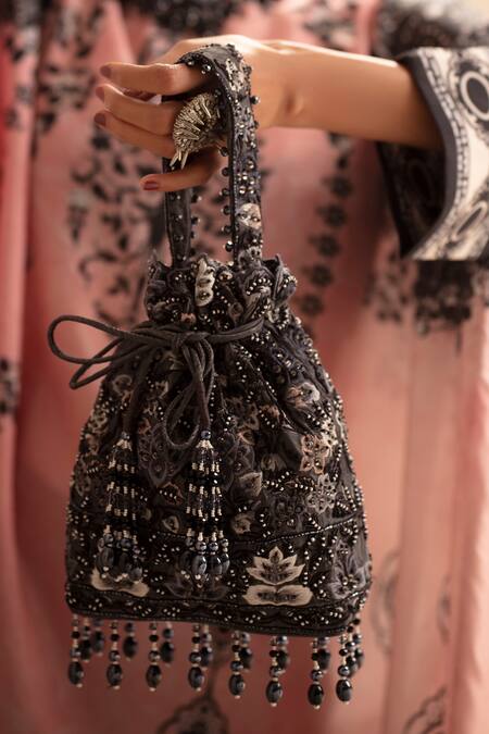 Buy The Garnish Company Black Embroidered Florica Bead Tassel Polti Bag Online at Aza Fashions Buy_The Garnish Company_Black Embroidered Florica Bead Tassel Polti Bag _Online_at_Aza_Fashions