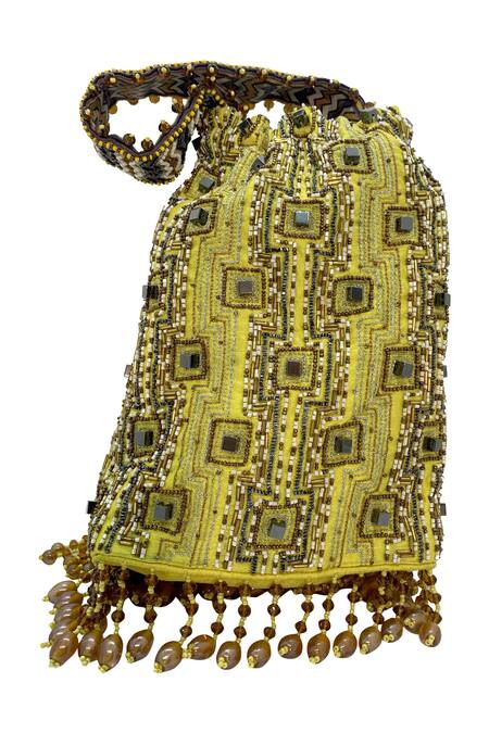 The Garnish Company_Yellow Embroidered Potli Bag _Online_at_Aza_Fashions