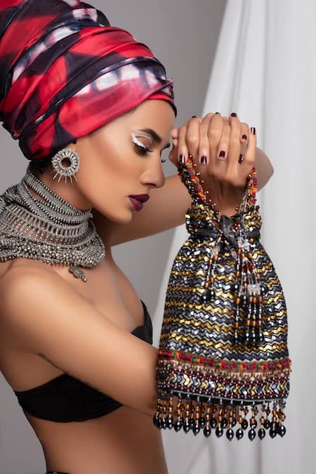 The Garnish Company Black Sequins, Beads Silvanus Tassel Potli Bag