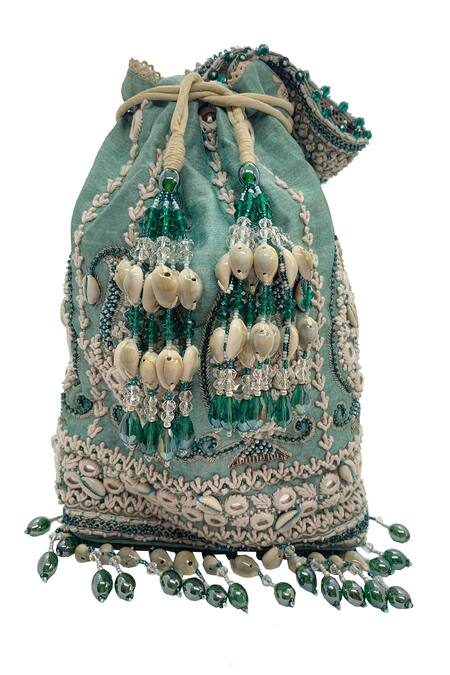 The Garnish Company_Green Embroidered Awadh Bead Tassel Polti Bag _Online_at_Aza_Fashions