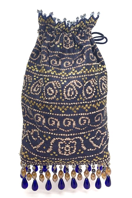 Shop The Garnish Company Blue Sequins, Beads Bandhej Tassel Polti Bag at Aza Fashions Shop_The Garnish Company_Blue Sequins, Beads Bandhej Tassel Polti Bag _at_Aza_Fashions