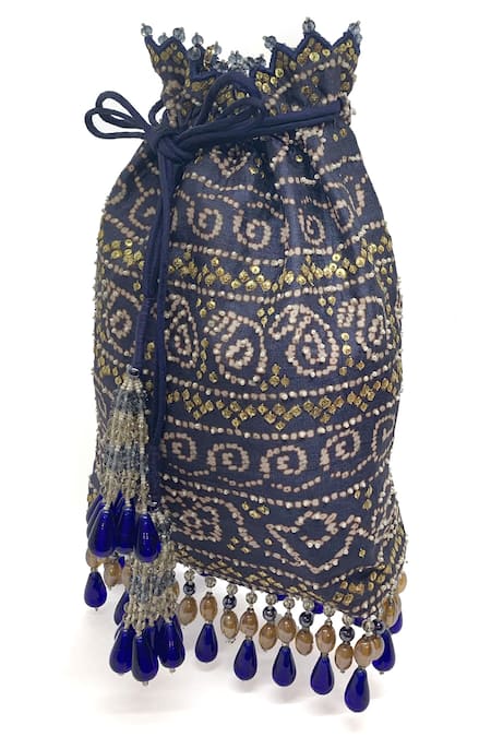 The Garnish Company Blue Sequins, Beads Bandhej Tassel Polti Bag Online at Aza Fashions The Garnish Company_Blue Sequins, Beads Bandhej Tassel Polti Bag _Online_at_Aza_Fashions