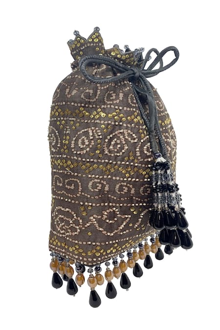 The Garnish Company_Grey Embroidered Bandhej Bead Tassel Polti Bag _Online_at_Aza_Fashions