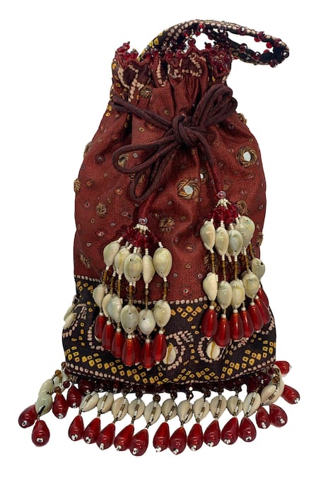 The Garnish Company Maroon Embroidered Mujal Bandhej Tassel Potli Bag
