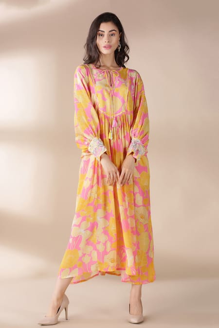 Archana Shah_Yellow Bamberg Crepe Round Floral Print Dress_Online_at_Aza_Fashions