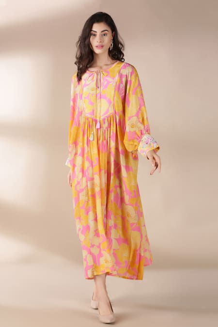 Buy_Archana Shah_Yellow Bamberg Crepe Round Floral Print Dress_Online_at_Aza_Fashions