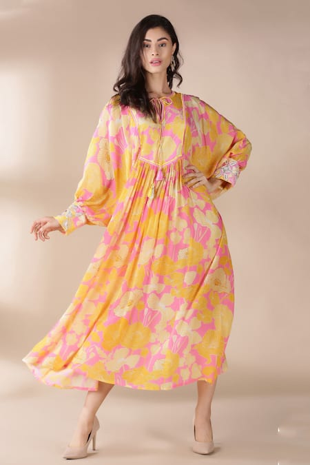Shop_Archana Shah_Yellow Bamberg Crepe Round Floral Print Dress_Online_at_Aza_Fashions
