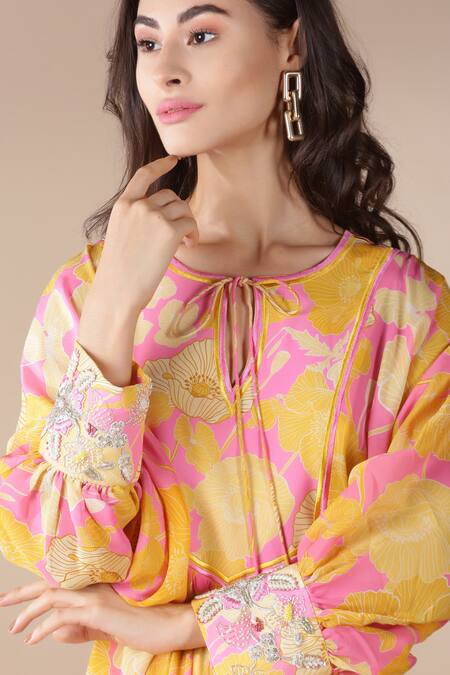 Archana Shah_Yellow Bamberg Crepe Round Floral Print Dress_at_Aza_Fashions