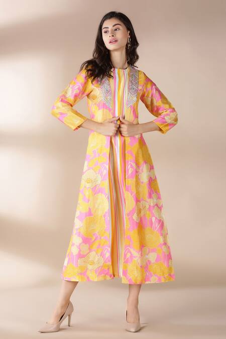 Archana Shah Yellow Bamberg Crepe Dress Round Jacket Open Printed And Set Online at Aza Fashions Archana Shah_Yellow Bamberg Crepe Dress Round Jacket Open Printed And Set _Online_at_Aza_Fashions