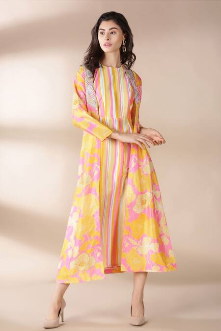 Buy Archana Shah Yellow Bamberg Crepe Dress Round Jacket Open Printed And Set Online at Aza Fashions Buy_Archana Shah_Yellow Bamberg Crepe Dress Round Jacket Open Printed And Set _Online_at_Aza_Fashions