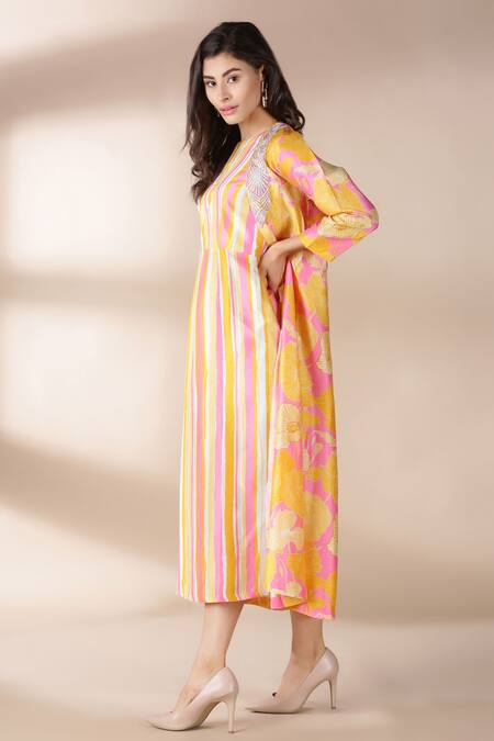 Shop Archana Shah Yellow Bamberg Crepe Dress Round Jacket Open Printed And Set Online at Aza Fashions Shop_Archana Shah_Yellow Bamberg Crepe Dress Round Jacket Open Printed And Set _Online_at_Aza_Fashions