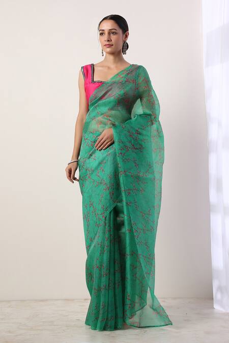 Label Nitika_Green Chanderi Embroidery Square Neck Organza Printed Saree With Blouse_Online_at_Aza_Fashions