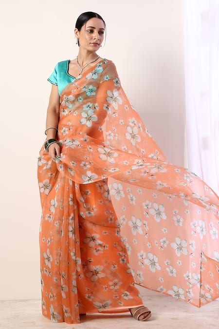Label Nitika Orange Chanderi Embroidery Leaf Neck Organza Printed Saree With Blouse 