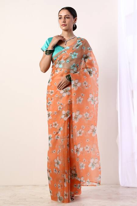 Label Nitika_Orange Chanderi Embroidery Leaf Neck Organza Printed Saree With Blouse_Online_at_Aza_Fashions