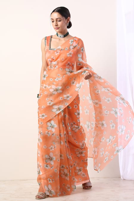 Label Nitika Orange Chanderi Embroidery Square Organza Printed Saree With Blouse 
