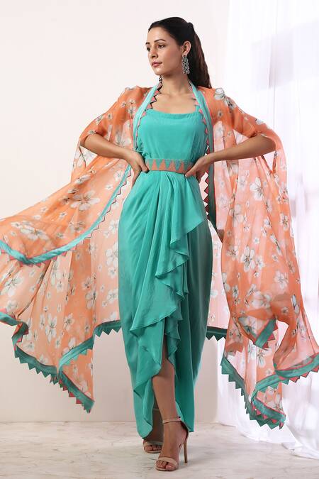 Label Nitika_Blue Organza, Crepe Dress Round Cape Open Draped With Embroidered_Online_at_Aza_Fashions