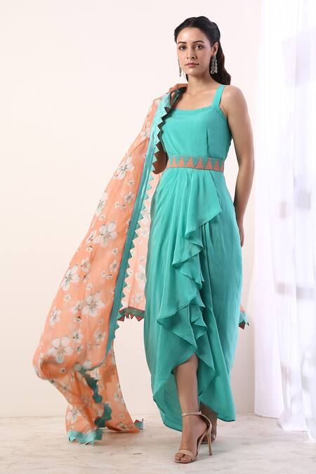 Buy_Label Nitika_Blue Organza, Crepe Dress Round Cape Open Draped With Embroidered_Online_at_Aza_Fashions