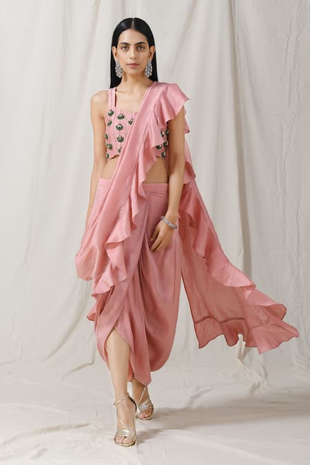 Label Nitika Pink Bamber Silk Embroidery Ruffle Pre-draped Saree With Blouse  