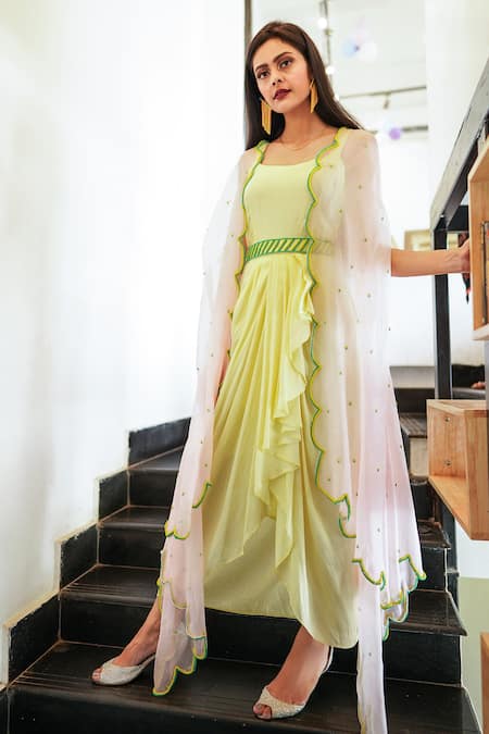 Shop_Label Nitika_Yellow Organza, Bamber Silk Round Draped Dress With Embroidered Cape _Online_at_Aza_Fashions
