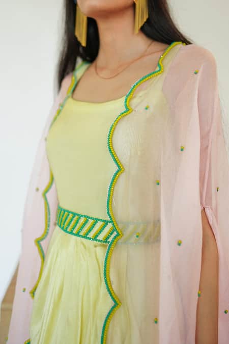 Label Nitika_Yellow Organza, Bamber Silk Round Draped Dress With Embroidered Cape _at_Aza_Fashions