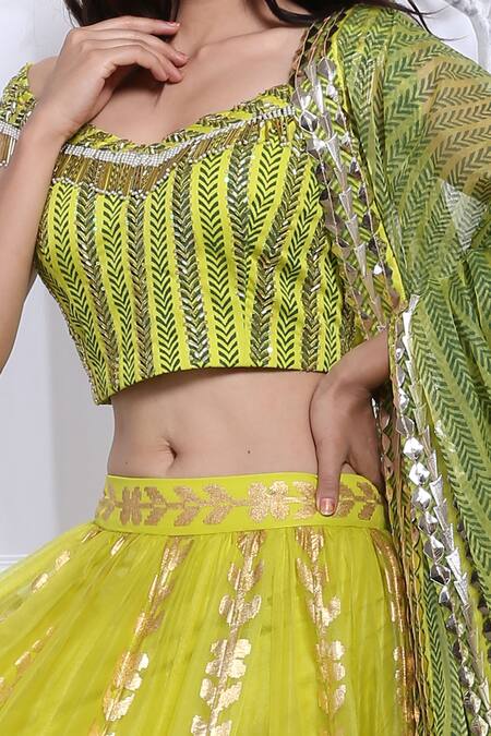 Shop_Pooja Rajgarhia Gupta_Green Organza, Georgette, Cotton Satin One Shoulder Lehenga Set _Online_at_Aza_Fashions