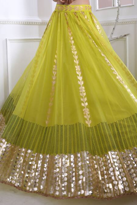 Pooja Rajgarhia Gupta_Green Organza, Georgette, Cotton Satin One Shoulder Lehenga Set _at_Aza_Fashions