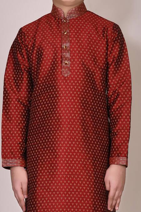 Shop Petite Pomme Maroon Silk Embroidery Printed Kurta Set Online at Aza Fashions Shop_Petite Pomme_Maroon Silk Embroidery Printed Kurta Set_Online_at_Aza_Fashions