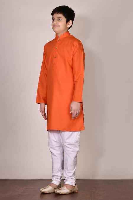 Shop_Petite Pomme_White Silk Orange Kurta And Churidar Set _Online_at_Aza_Fashions