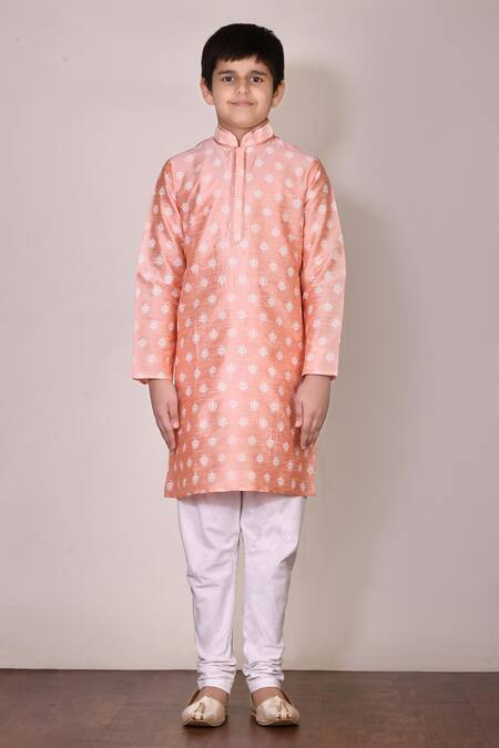 Petite Pomme_Peach Silk Embroidery Printed Kurta Set_Online_at_Aza_Fashions
