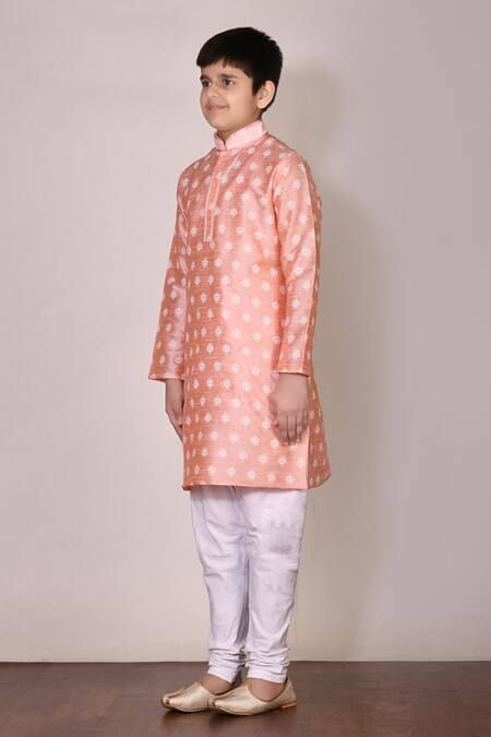 Buy_Petite Pomme_Peach Silk Embroidery Printed Kurta Set_Online_at_Aza_Fashions