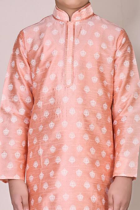 Shop_Petite Pomme_Peach Silk Embroidery Printed Kurta Set_Online_at_Aza_Fashions