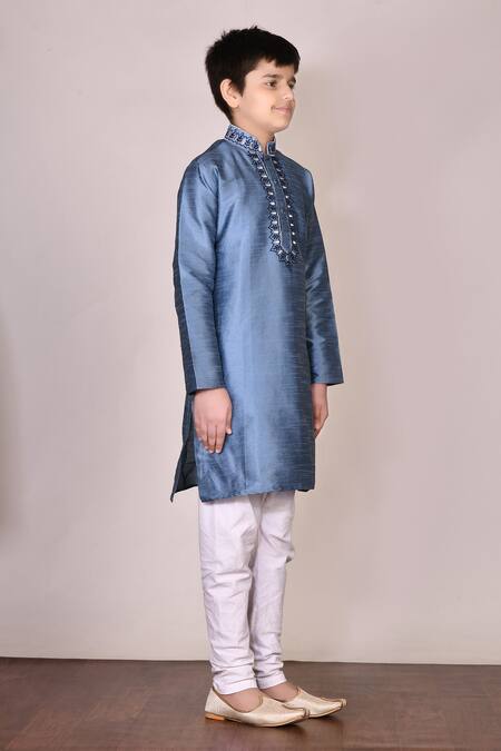 Petite Pomme Blue Silk, Cotton Embroidery Kurta Set Online at Aza Fashions Petite Pomme_Blue Silk, Cotton Embroidery Kurta Set _Online_at_Aza_Fashions
