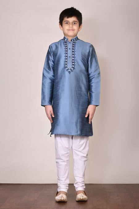 Buy Petite Pomme Blue Silk, Cotton Embroidery Kurta Set Online at Aza Fashions Buy_Petite Pomme_Blue Silk, Cotton Embroidery Kurta Set _Online_at_Aza_Fashions