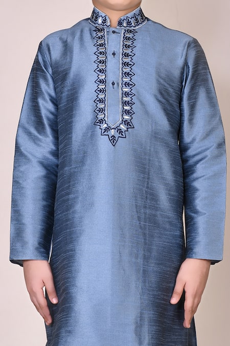 Shop Petite Pomme Blue Silk, Cotton Embroidery Kurta Set Online at Aza Fashions Shop_Petite Pomme_Blue Silk, Cotton Embroidery Kurta Set _Online_at_Aza_Fashions