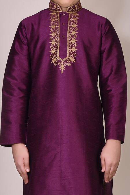 Shop Petite Pomme Purple Silk Embroidery Kurta Set Online at Aza Fashions Shop_Petite Pomme_Purple Silk Embroidery Kurta Set _Online_at_Aza_Fashions