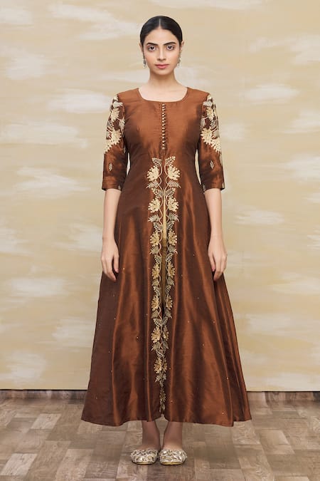 Shop_Samyukta Singhania_Brown Silk, Chiffon Embroidery Round Neck Kurta Set _Online_at_Aza_Fashions
