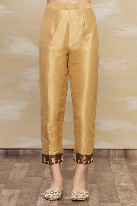 Samyukta Singhania_Brown Silk, Chiffon Embroidery Round Neck Kurta Set _at_Aza_Fashions