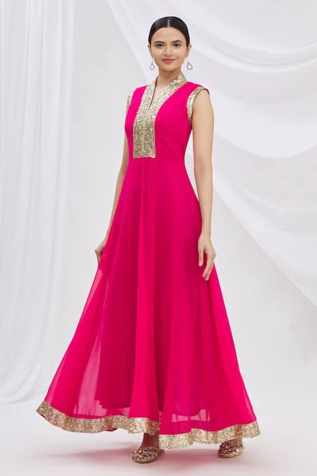 Buy_Naintara Bajaj_Pink Georgette Sequins V-neck Flared Embroidered Kurta _Online_at_Aza_Fashions