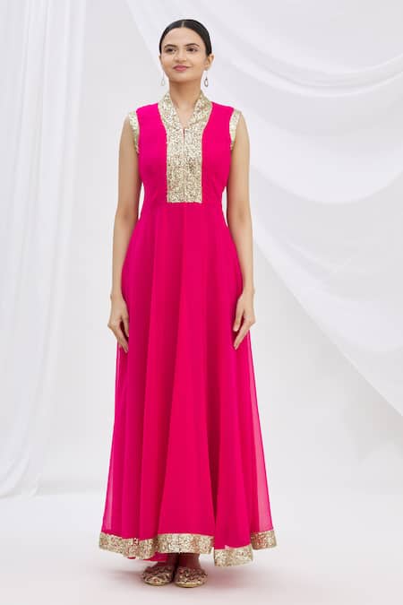 Shop_Naintara Bajaj_Pink Georgette Sequins V-neck Flared Embroidered Kurta _Online_at_Aza_Fashions
