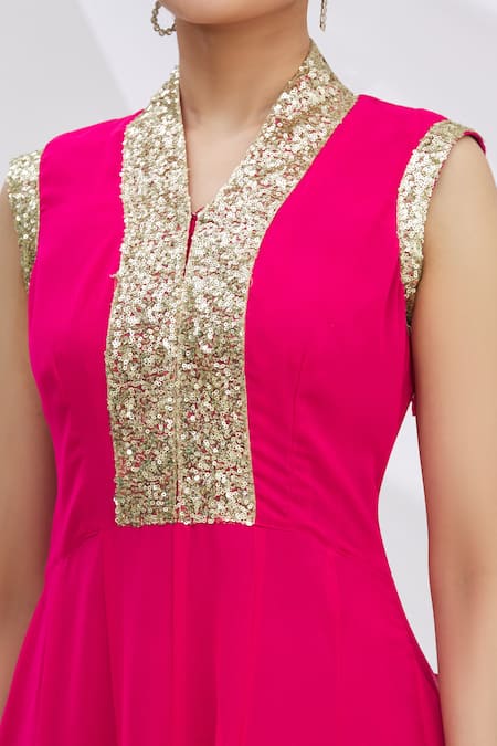 Naintara Bajaj_Pink Georgette Sequins V-neck Flared Embroidered Kurta _at_Aza_Fashions