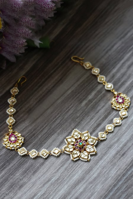 Buy_Auraa Trends_Gold Beads Kundan Floral Motif Plated Headband _Online_at_Aza_Fashions