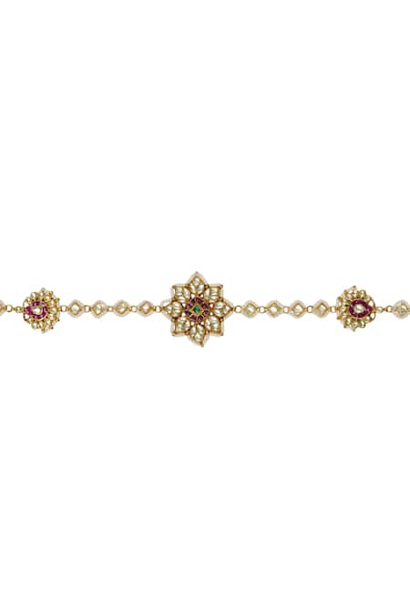 Shop_Auraa Trends_Gold Beads Kundan Floral Motif Plated Headband _Online_at_Aza_Fashions