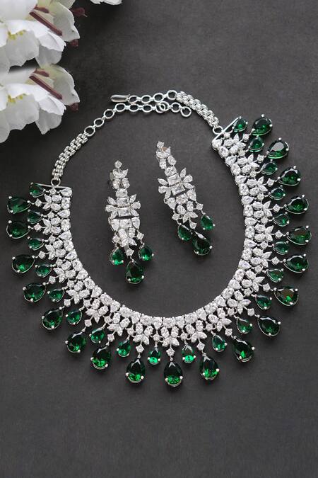 Buy_Auraa Trends_Silver Plated Diamonds, Stones Studded Necklace Set_Online_at_Aza_Fashions