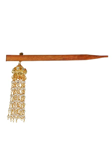 Auraa Trends_Gold Plated Pearls Hair Bun Cage With Stick_at_Aza_Fashions