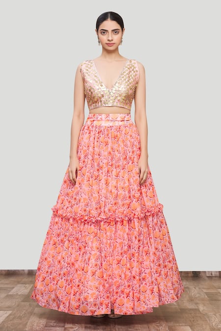 Buy_Neha Khullar_Peach Georgette, Chanderi Silk Cape Open Blouse V-neck Printed And Lehenga Set _Online_at_Aza_Fashions