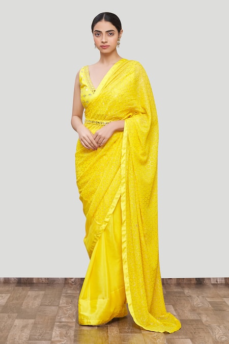 Buy_Neha Khullar_Yellow Chiffon, Georgette, Chanderi Silk Embroidered Saree Set With Blouse For Kids_Online_at_Aza_Fashions